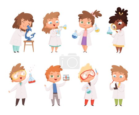 Illustration for Science kids. Childrens in chemistry lab boys and little girls vector funny people. Lab science, chemistry kids in laboratory education experiment illustration - Royalty Free Image