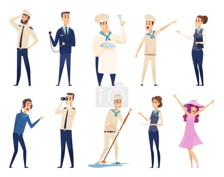Illustration for Sea cruise. Sailing captain shipping officer navigating crew ocean travel team vector characters. Illustration crew cruise, seaman and boatswain - Royalty Free Image