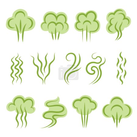 Illustration for Smell symbols. Aromas steam lines clouds vapour shapes scent odour vector graphic set. Illustration odor and smell, cloud green scent - Royalty Free Image