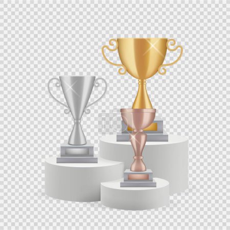 Illustration for Trophy on podium. Golden, silver and bronze cups isolated on transparent background. Awards vector set. Illustration winner podium sport - Royalty Free Image