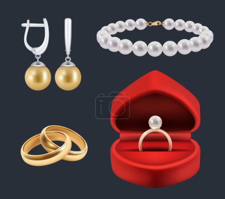 Illustration for Wedding rings. Gold trappings in decoration red packs glossy jewelry vector realistic set. Illustration jewellery and brilliance, costly luxurious - Royalty Free Image