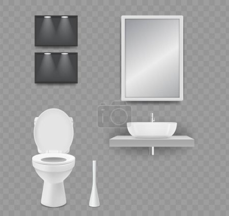 Illustration for WC room. Realistic toilet, sink and mirror isolated on transparent background. Vector elements restroom and bathroom. Illustration toilet interior, closet wc, washroom sanitary - Royalty Free Image