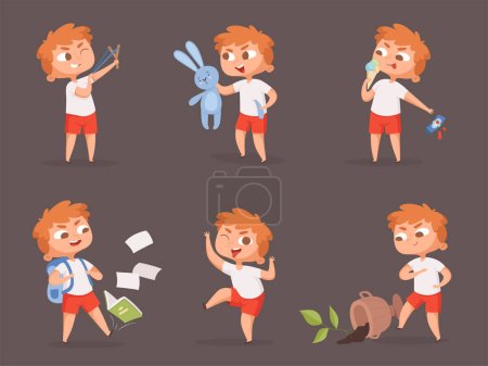 Illustration for Behavior kids. Bad angry boys teasing children vector cartoon set. Illustration angry child, behavior bad and uncontrollable - Royalty Free Image