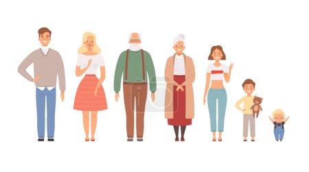 Illustration for Big family portrait. Father mother daughter brother sister boys girls grandparent baby vector lifestyle characters. Parent dad and husband, son and sister, wife and grandchildren illustration - Royalty Free Image