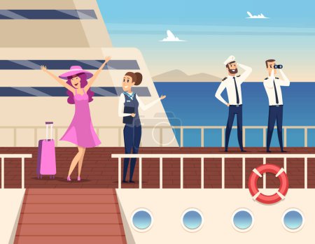 Illustration for Captain on the sea ship. Sailor cruise team boat officer and stuart travel vector concept background. Captain uniform and cruise passenger woman illustration - Royalty Free Image