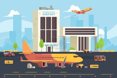 Illustration for Cargo plane on runway. Warehouse aircraft preparation hangar airport freight aircraft vector flat background. Illustration cargo aircraft, runway airplane - Royalty Free Image