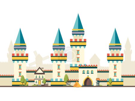 Illustration for Castle with towers. Horizontal brick wall from castle with big wooden door vector flat pictures. Tower castle, window medieval stronghold illustration - Royalty Free Image