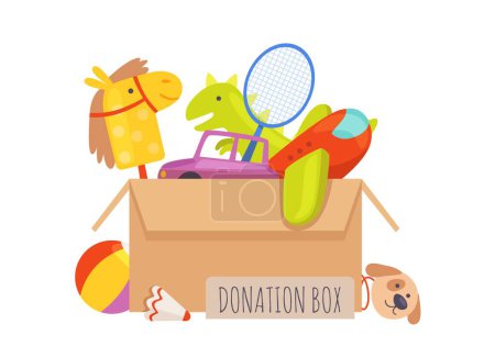 Téléchargez les illustrations : Boîte de don. Aide volontaire aux enfants, boîte isolée avec jouets. Illustration vectorielle caritative. Dons et bénévolat jouets, gentillesse et charité - en licence libre de droit