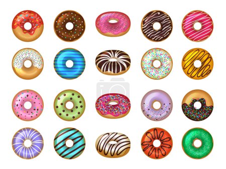 Illustration for Donuts desserts. Round fast food products tasty chocolate rings cakes colored vector set. Donut snack, dessert round glazed illustration - Royalty Free Image
