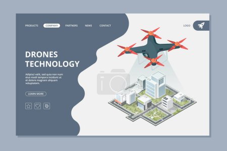 Illustration for Drones technology. Landing smart city isometric flying digital camera urban landscape vector web layout. Illustration isometric drone with camera and innovation city - Royalty Free Image