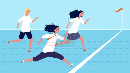 Illustration for Female competition. Business women strive for success. Team leader or leadership vector concept. Leader female run to success, team leadership illustration - Royalty Free Image