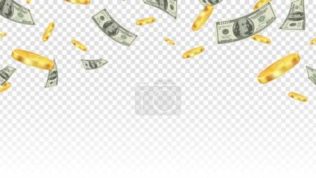 Flying money. Gold coins and banknotes in the air isolated on transparent background. Vector financial or bank or lottery win background. Illustration finance cash and currency coin, jackpot success