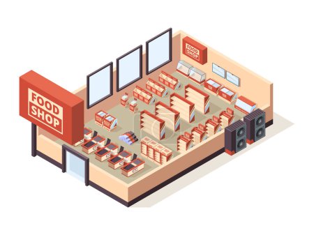 Illustration for Grocery shop interior. Supermarket indoor furniture checkout tables shelves products shopping carts vector isometric store equipment. 3d supermarket isometric, fridge and equipment illustration - Royalty Free Image