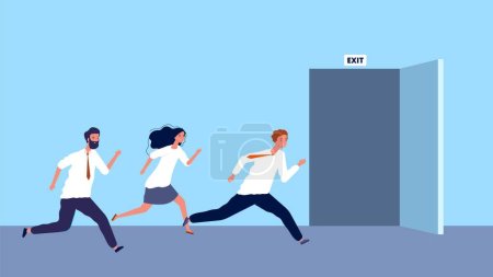 Illustration for Happy business people run to exit. Weekend started, work day ended. Evacuation vector illustration. Businessman run to exit, door open - Royalty Free Image