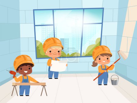 Illustration for Kids builders. Funny young peoples constructors crane and brick wall making vector characters. Builder character, worker professional industrial illustration - Royalty Free Image