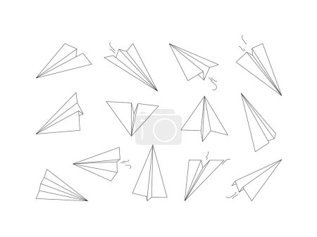 Illustration for Linear paper planes. Drawing origami aircraft transport air vector collection. Illustration paper plane drawing, linear origami airplane - Royalty Free Image