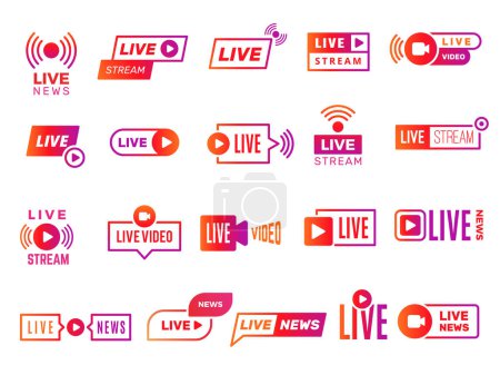 Illustration for Live stream badges. Video broadcasting shows digital online text templates live news vector stickers collection. Illustration video stream, live streaming online - Royalty Free Image