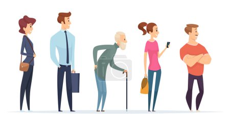 Illustration for Queue persons. Profile characters male and female standing in line vector people. Illustration queue line, row people crowd, male and female - Royalty Free Image