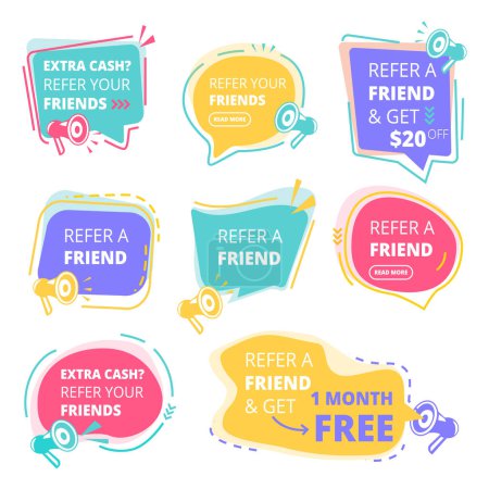 Illustration for Refer friend badges. Abstract graphic geometrical promotional emblem business friendly vector concept. Refer friend, referring badge, advertising referral recommend illustration - Royalty Free Image