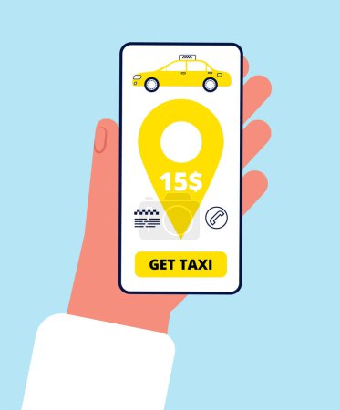 Ilustración de Taxi orden en línea. Smartphone aplicación de mano sosteniendo el teléfono y pulse el botón para llamar concepto de vector de aplicación de taxi. Ilustración taxi teléfono inteligente aplicación de servicio, orden de aplicación de cabina - Imagen libre de derechos