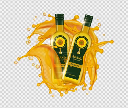 Illustration for Sunflower oil. Vector realistic oil bottles gold drops and splashes. Illustration gold yellow oil bottle, sunflower organic and liquid - Royalty Free Image