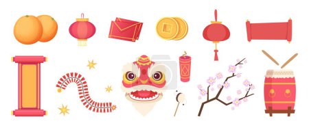 Illustration for Asian festive elements. Dragon mask, fireworks, drum and scrolls, paper lantern and coins isolated vector set. Illustration festival traditional object collection - Royalty Free Image