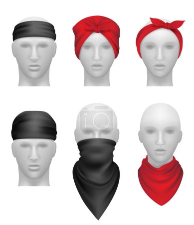 Illustration for Bandanas set. Stylish clothes for bikers and gangsters mannequin head vector realistic. Illustration stylish apparel for biker or cowboy - Royalty Free Image