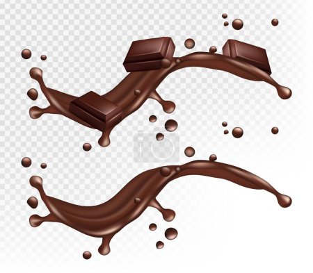 Téléchargez les illustrations : Des éclaboussures de chocolat. Vague de café réaliste, boissons brunes. Flux de cacao isolé et barre de chocolat élément vecteur. Cacao brun et vague de chocolat illustration éclaboussure - en licence libre de droit