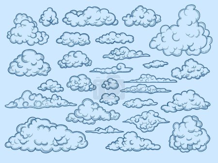 Illustration for Clouds sketch. Decorative sky elements weather clouds vector cloudscape vector vintage style. Cloud collection design, overcast old-fashioned sketch illustration - Royalty Free Image