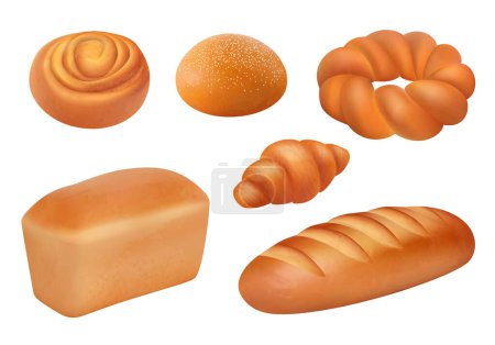 Pan realista. Panadería alimentos frescos degustación productos pan francés bollos baguette vector desayuno imagen. Panadería pan colección ilustración, pan realista
