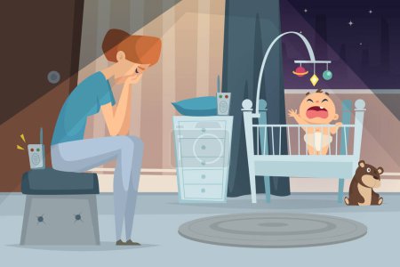 Ilustración de Madre deprimente. Mujer cansada sentada cerca de bebé gritando en la cama enfermo niño vector fondo de dibujos animados. Cansado y depresión, ilustración del bebé y la madre - Imagen libre de derechos