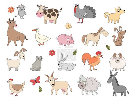 Illustration for Domestic animals. Cute funny farm horse pig chicken duck bool and sheep vector coloring drawing set. Domestic pig and goat, horse and chicken illustration - Royalty Free Image