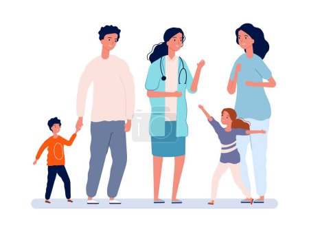 Illustration for Family doctor. Pediatrician, parents with children. Girl and boy joyful doctor. Pediatrics, people in hospital vectot illustration. Doctor family pediatrician, health and care - Royalty Free Image