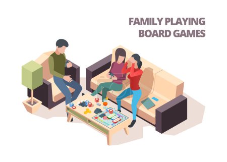 Illustration for Family playing board game. Cards monopoly chess home leisure playing vector isometric happy people. Family game together, board play illustration - Royalty Free Image