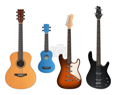 Guitars. Realistic musical instruments sound making items rock and acoustic guitars vector collection. Illustration guitar instrument for rock and acoustic