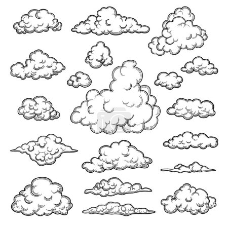 Ilustración de Nubes hechas a mano. Clima símbolos gráficos cielo decorativo vector naturaleza objetos vector nube colección. Ilustración nube tiempo, pronóstico nublado - Imagen libre de derechos