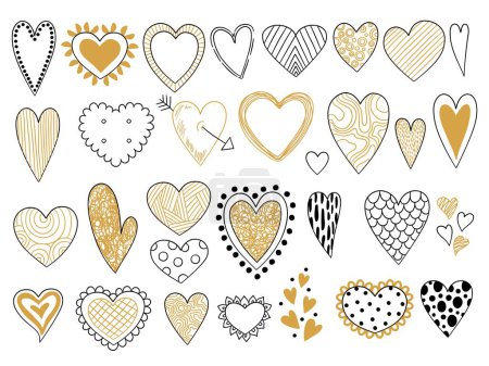 Illustration for Heart sketch. Love symbols valentine day elements graphic shapes doodle vector set. Illustration sketching and scribble drawn gold hearts form - Royalty Free Image