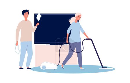 Ilustración de Limpieza del hogar. Un par haciendo tareas domésticas. La mujer y el hombre limpian casa juntos ilustración vectorial. Trabajos domésticos y de limpieza, domésticos - Imagen libre de derechos