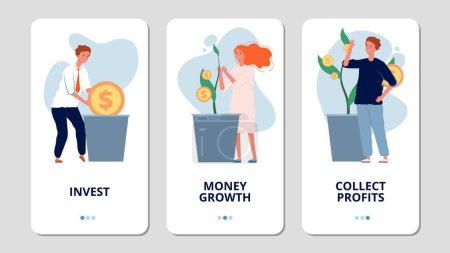 Illustration for Investments. Online investment bank app pages. People grow money, collect profits. Money growth vector banners. Illustration investment and finance growth page for app mobile - Royalty Free Image