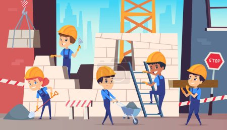 Illustration for Little builders. Boys funny making professional job construction helmet vector background. Builder worker professional, character person foreman illustration - Royalty Free Image