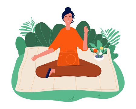 Illustration for Meditation concept. Relaxing outdoor yoga, woman sitting on nature and meditating. Mind and emotions control, wellbeing and contemplation vector illustration. Meditation yoga pose, woman meditating - Royalty Free Image
