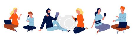 Illustration for People with gadgets. Men women sit and chat. Isolated modern persons talk vector set. Illustration people woman and man use device - Royalty Free Image