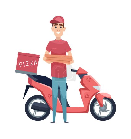 Illustration for Pizza delivery. Boy with food boxes and scooter. Isolated motorbike and flat man vector character. Box pizza, boy with moped service delivery illustration - Royalty Free Image