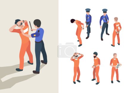 Illustration for Police and prisoners. Isometric federal jail characters low justice person inmate vector persons. Police and criminal, prison and justice 3d illustration - Royalty Free Image