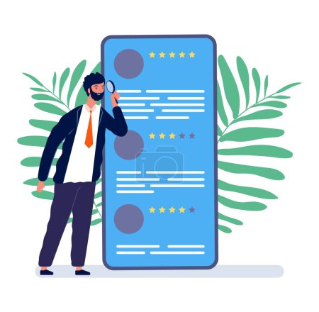 Illustration for Reviews concept. Man watching online feedback. Mobile review, customer quality form vector illustration. Man and feedback smartphone - Royalty Free Image
