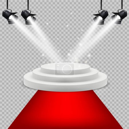 Illustration for Red carpet and white podium. Award stage with projector lighting isolated vector realistic background. Illustration podium and pedestal stage - Royalty Free Image