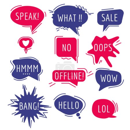 Illustration for Speech bubbles text. Thinking words and phrase sound humor sticker communication tags speaking expression comic vector cartoon bubbles. Illustration cloud humor communication, bubble and balloon - Royalty Free Image