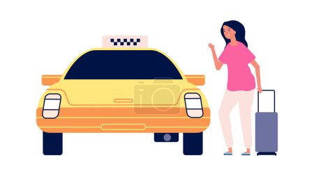 Ilustración de Viajero y taxi. Camino al aeropuerto, una joven con una maleta sube al auto amarillo. Carácter vectorial turístico femenino aislado. Transporte en taxi, ilustración de carretera a aeropuerto - Imagen libre de derechos