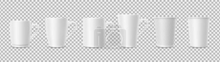 Illustration for White cups. Realistic 3D cup mockups isolated on transparent background. Coffee, tea mugs vector set. Illustration mug for drink or hot beverage, ceramic cup with handle - Royalty Free Image