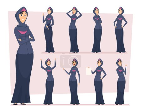 Illustration for Arabic woman. Saudi muslim business girls in various characters ethnic east vector people. Muslim woman character, saudi cartoon business girl illustration - Royalty Free Image